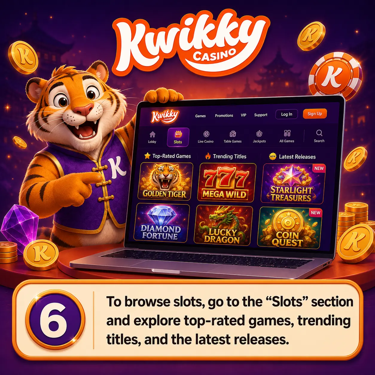Browse the Slots section at Kwikky Casino